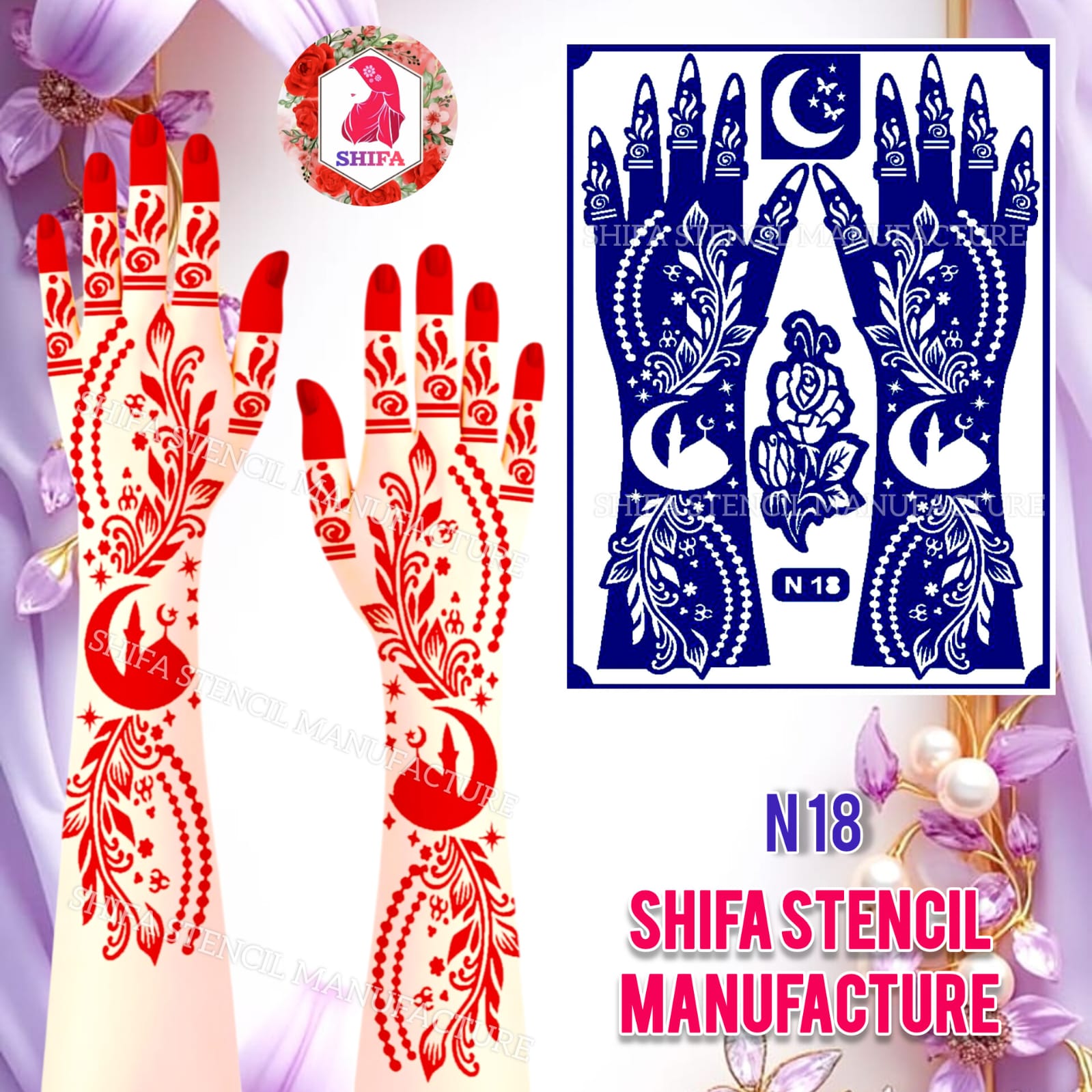 N 18 Crescent Rose Serenity Sticker Overview Henna Stencil - Shifa Stencil
